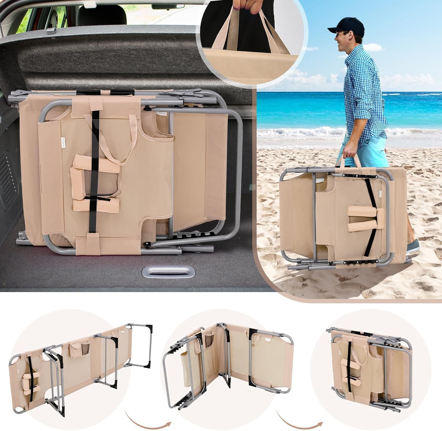 Tanning Chair, 330Lbs Portable Lounge Chair with 5-Position Adjustable Backrest, Face Arm Holes, Side Pocket, Folding Patio Chaise Lounger for Beach, Poolside, Outdoor Sunbathing (1, Beige)