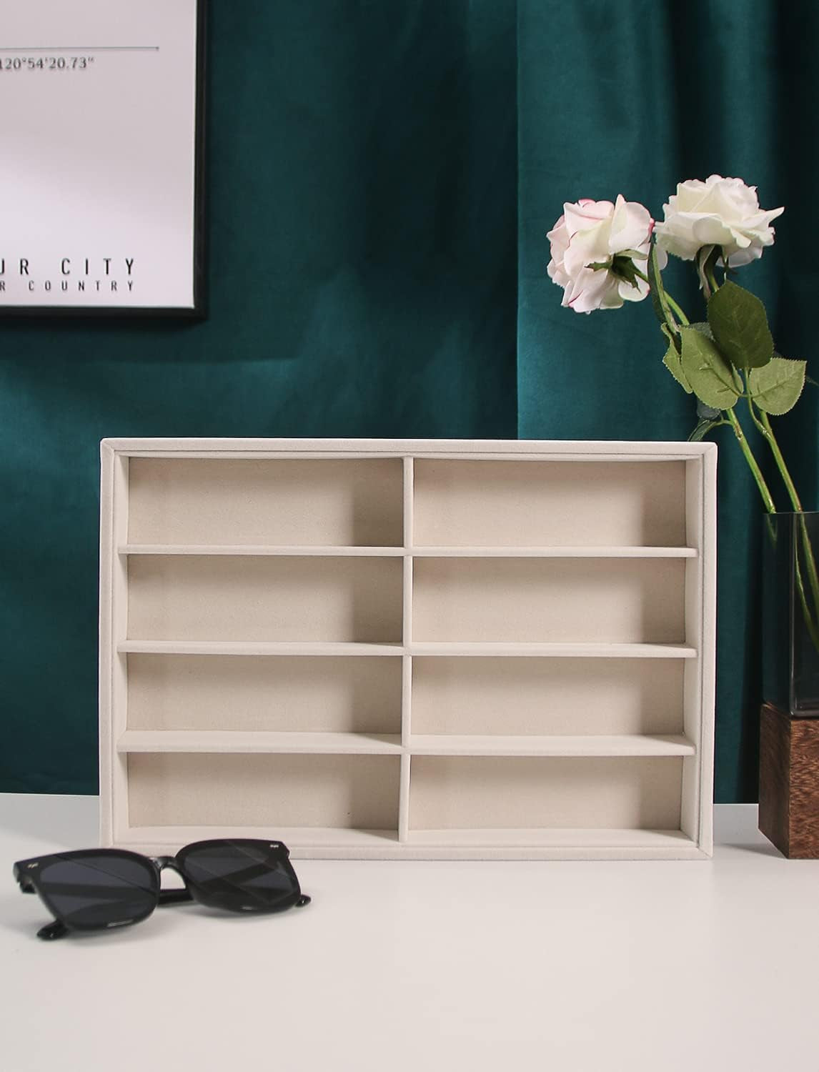 Sunglass Organizer, Beige Velvet Glasses Trays - Eyeglasses Watches Jewelry Display - Men Women (8 Grids)