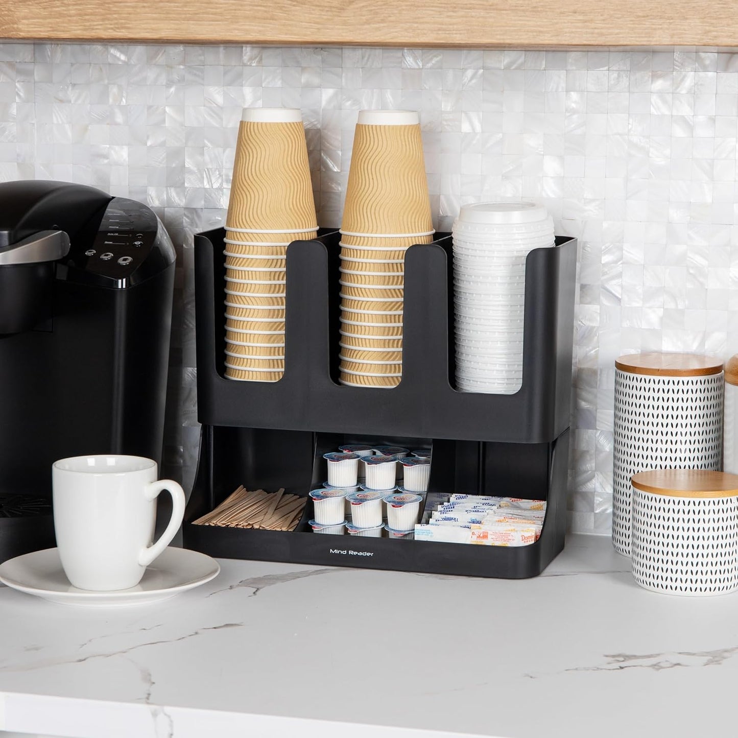 6 Compartment Upright Breakroom Coffee Condiment and Cup Storage Organizer, Black