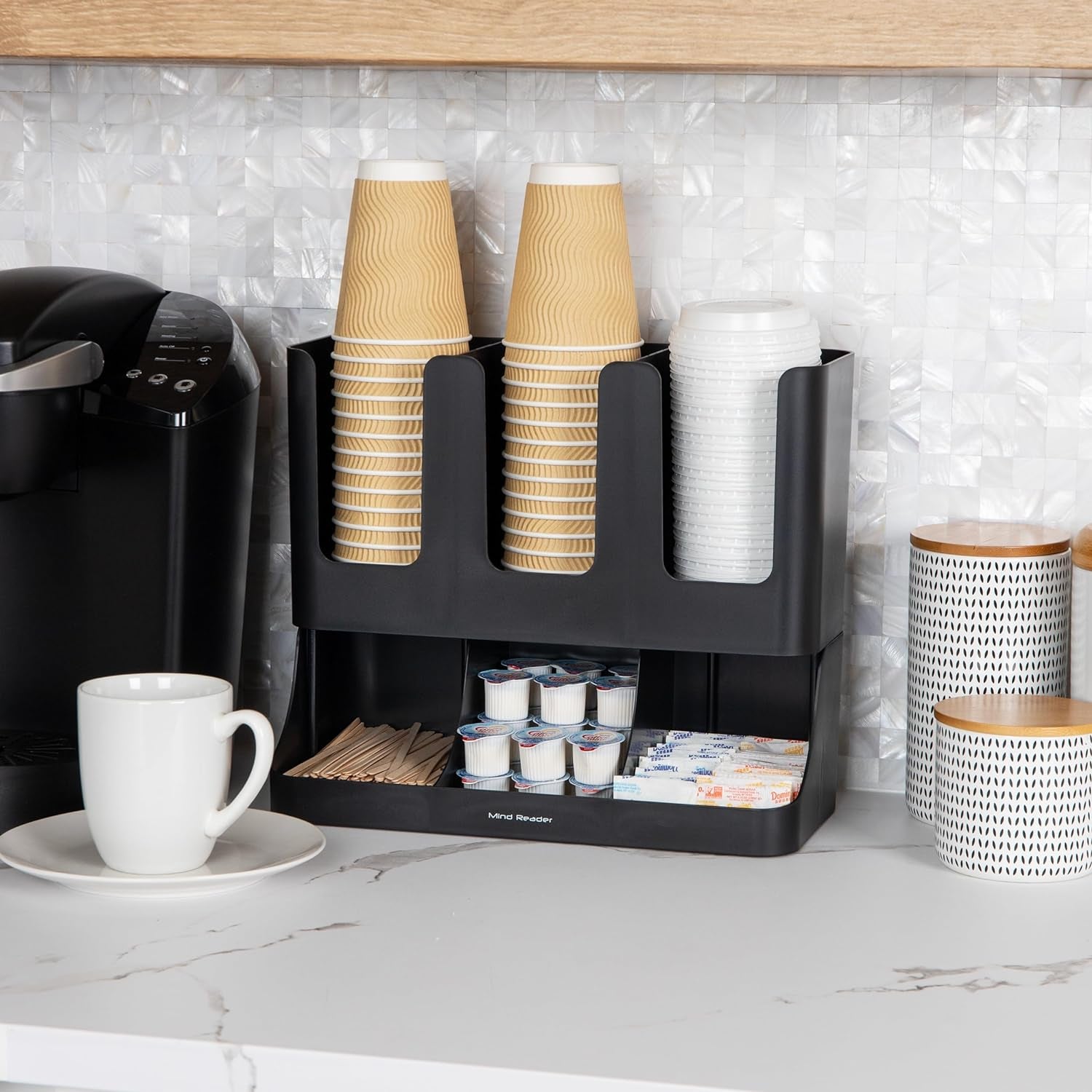 6 Compartment Upright Breakroom Coffee Condiment and Cup Storage Organizer, Black