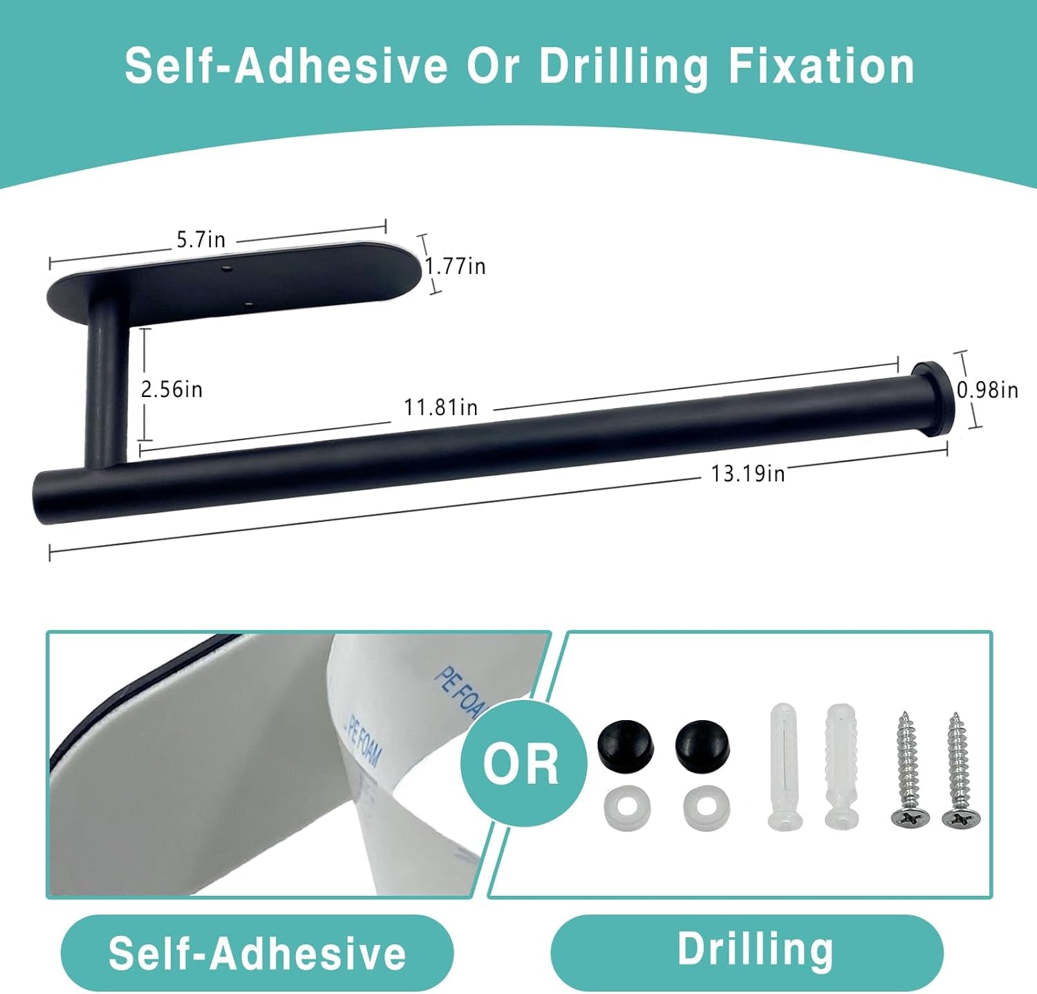 Paper Towel Holder, Self Adhesive or Drilling Paper Towel Holder under Cabinet, Stainless Steel Black Paper Towel Holders Wall Mount for Kitchen, Bathroom, Sink, Pantry, Fridge