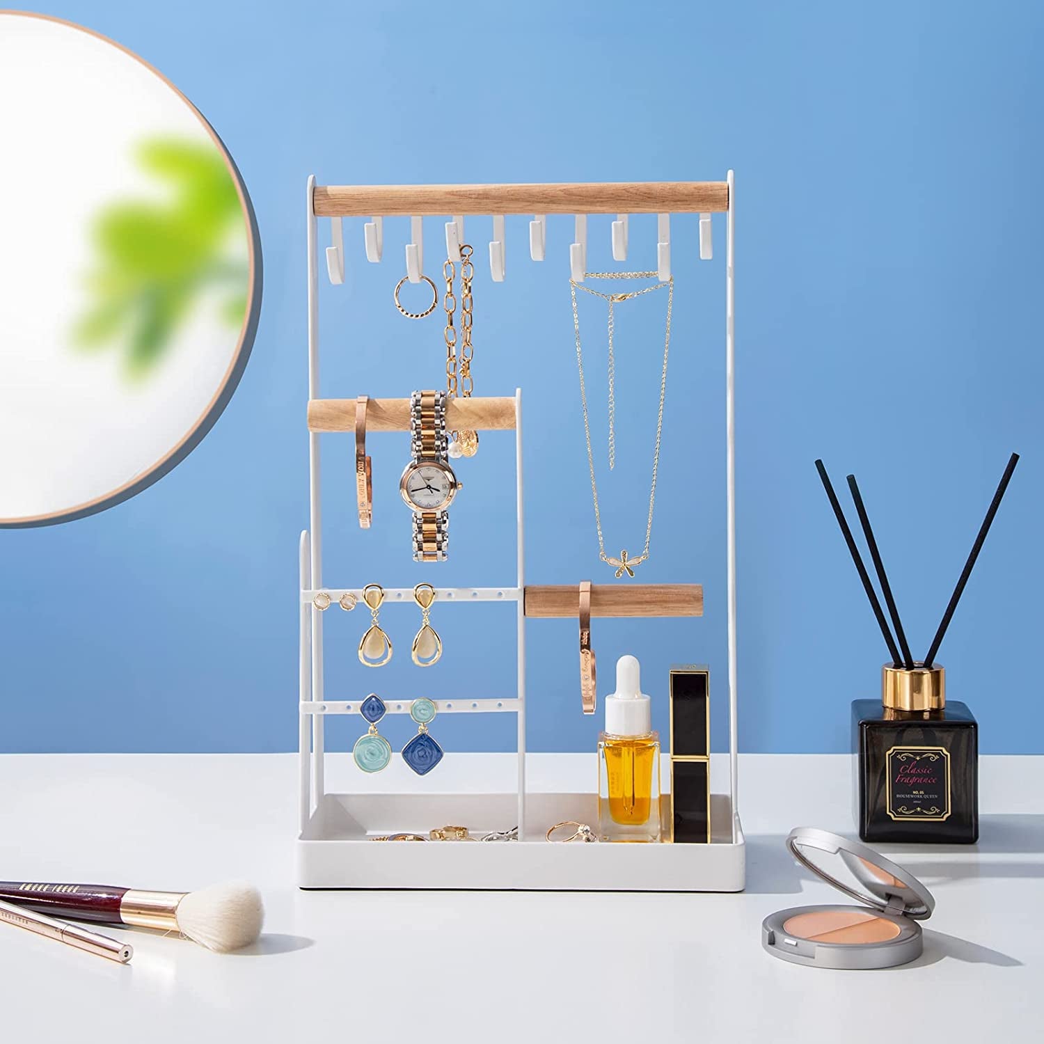 Jewelry Stand Holder Organizer, 4-Tier Necklace Holder with Ring Tray, 10 Hooks Necklaces Hanging Small Jewelry Display Storage Tower Tree for Bracelets Earrings Watches -Medium, White
