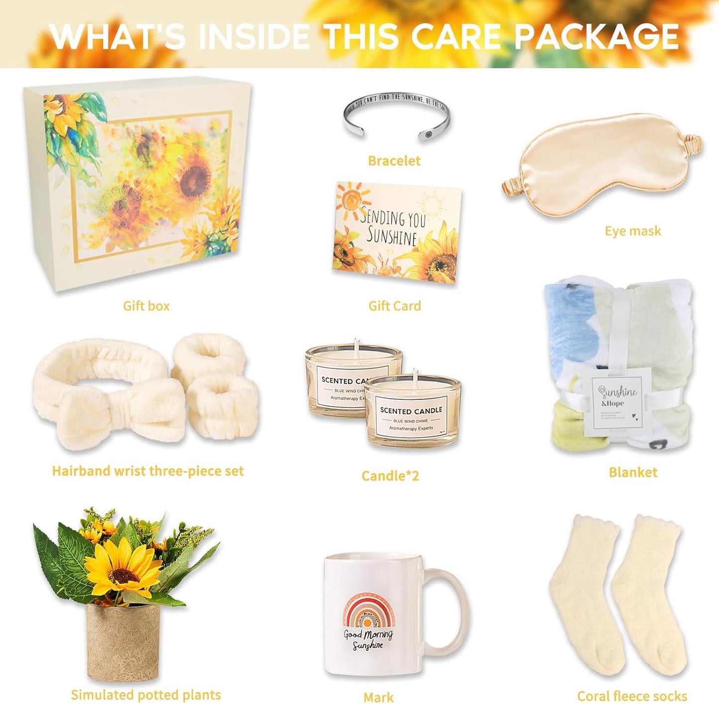 Sending Sunshine Gift, Get Well Soon Gifts Basket for Women, 10 Pcs Sunflower Gifts Care Pacakge Gifts Box Thinking of You Gift for Women with Inspirational Blanket Candle for Mom, Sister, Her