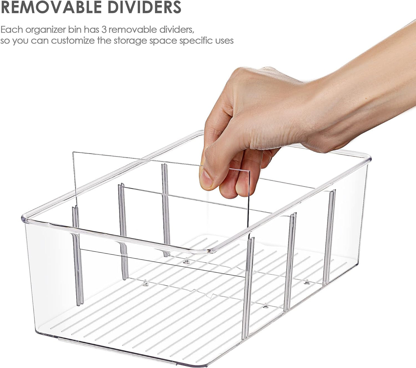 8 Pack Food Storage Organizer Bins, Clear Plastic Bins for Pantry, Kitchen, Fridge, Cabinet Organization and Storage, 4 Compartment Holder for Packets, Snacks, Pouches, Spice Packets