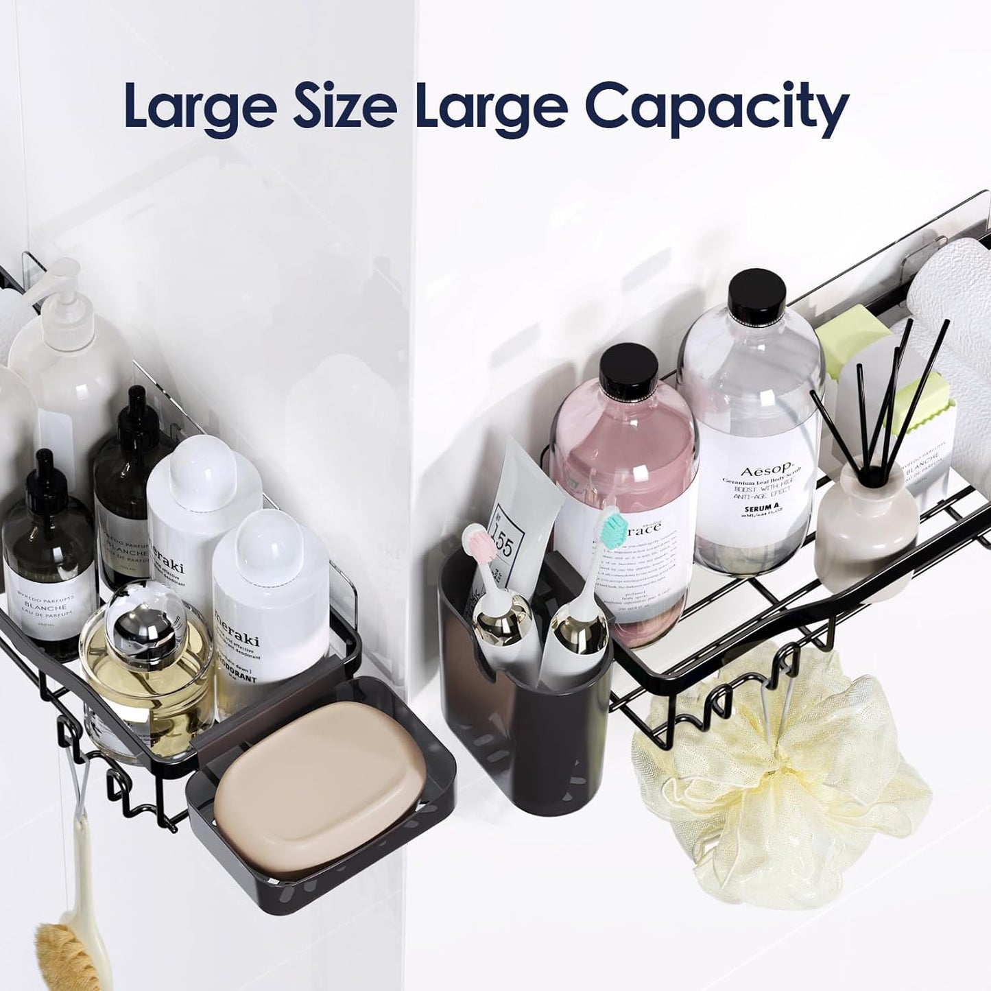 Shower Caddy Adhesive Shower Organizer 7-Pack, Rustproof Stainless Steel Bathroom Shelves, Large Capacity No-Drill Rack Storage Accessories with Soap Dish Toothbrush Holder &24 Hooks Home Decor