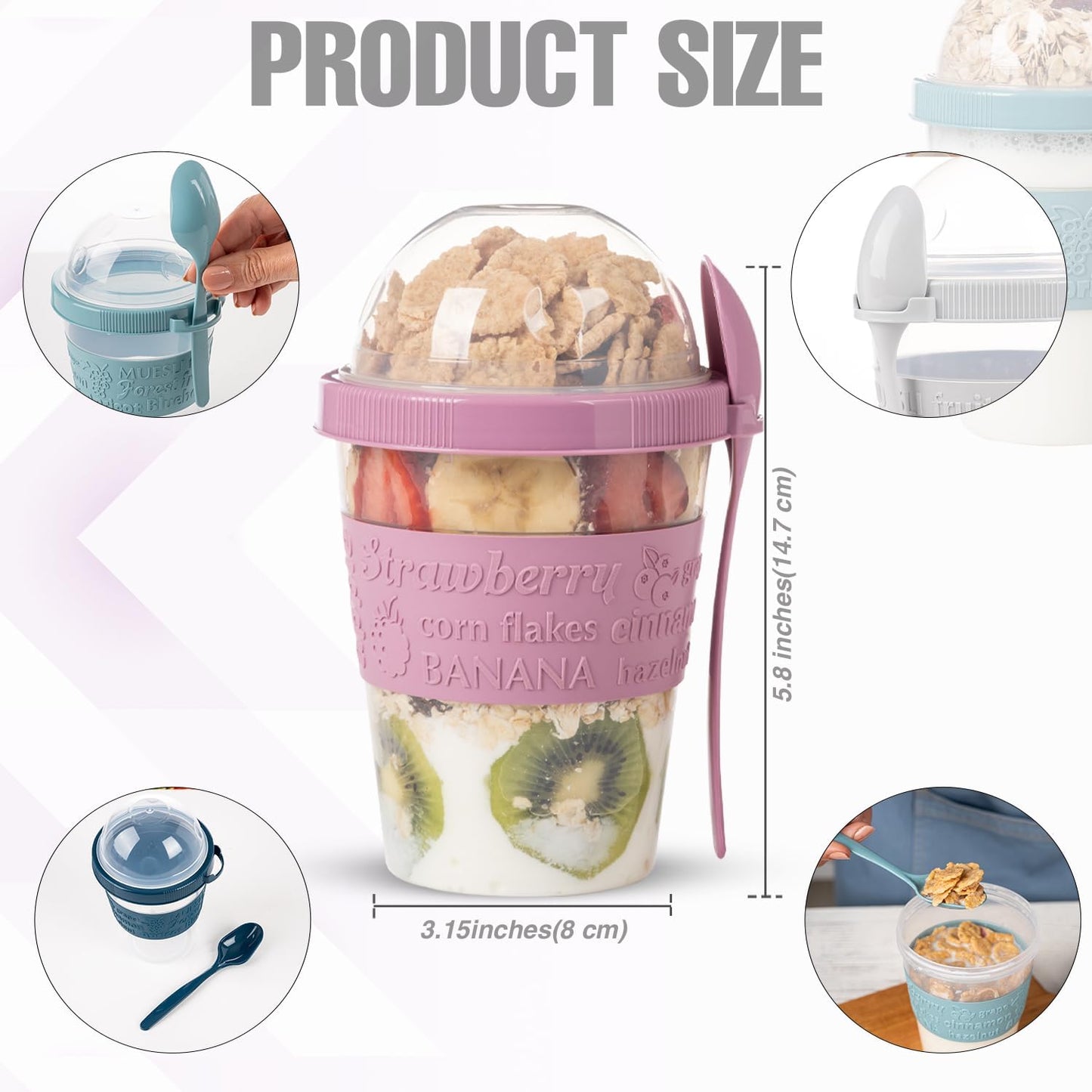 4 Pack Breakfast on the Go Yogurt Parfait Cups, Reusable Plastic Containers with Lids and Spoons, Perfect Jars for Overnight Oats Cereal Granola Oatmeal Smoothies and Snack Prep