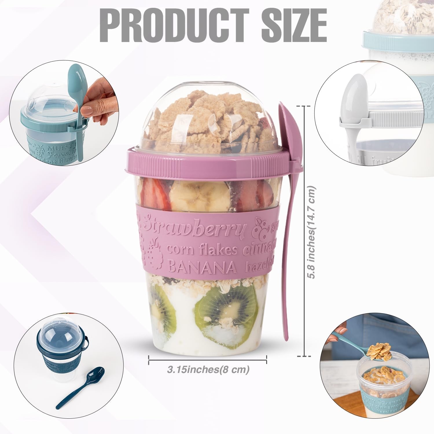 4 Pack Breakfast on the Go Yogurt Parfait Cups, Reusable Plastic Containers with Lids and Spoons, Perfect Jars for Overnight Oats Cereal Granola Oatmeal Smoothies and Snack Prep