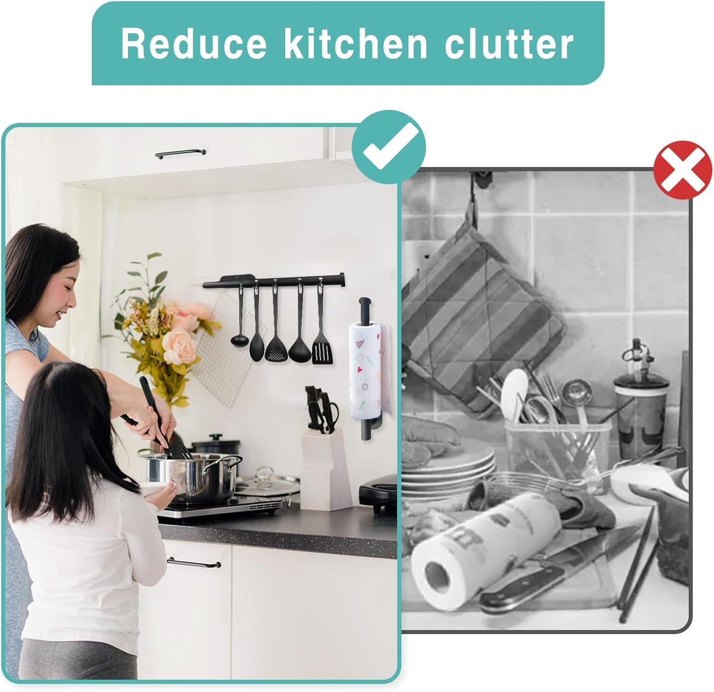 Paper Towel Holder, Self Adhesive or Drilling Paper Towel Holder under Cabinet, Stainless Steel Black Paper Towel Holders Wall Mount for Kitchen, Bathroom, Sink, Pantry, Fridge