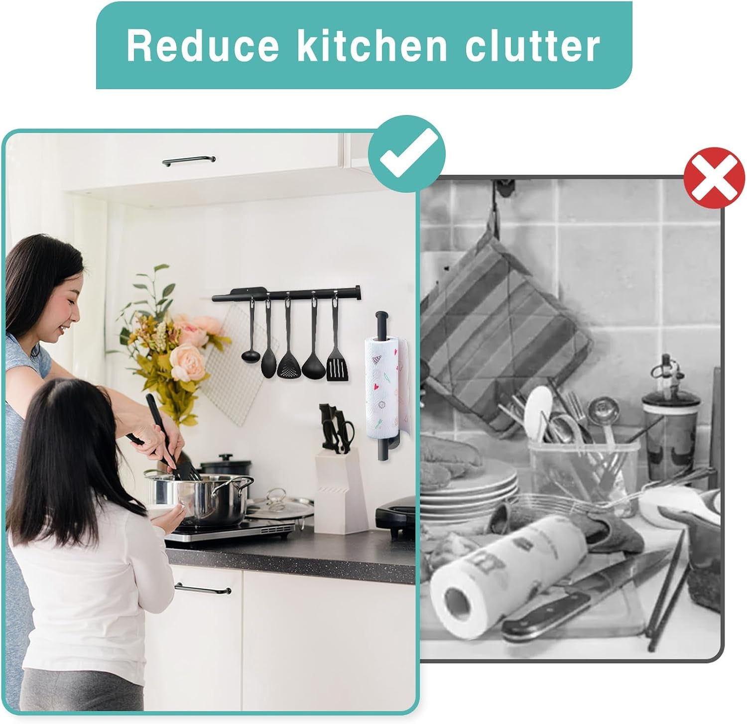 Paper Towel Holder, Self Adhesive or Drilling Paper Towel Holder under Cabinet, Stainless Steel Black Paper Towel Holders Wall Mount for Kitchen, Bathroom, Sink, Pantry, Fridge
