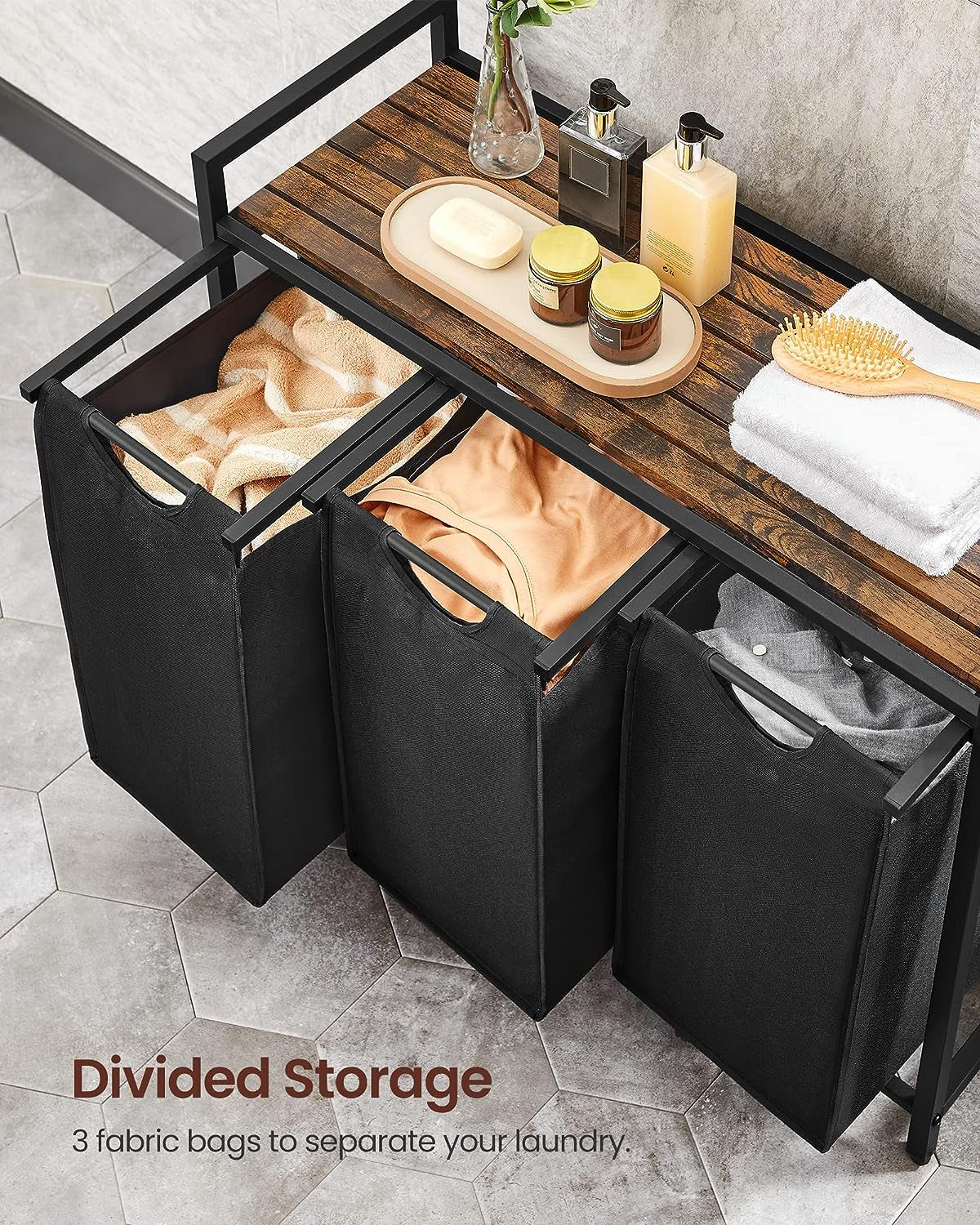 Cesto Para Ropa Sucia, Cesta Colada, 3 Bolsas Colada De Tela Oxford Extraíble Y Desmontable, 3 X 38 L, 92.5 X 33 X 72 Cm, Estante, Marco Metálico, Negro MBLH301B01