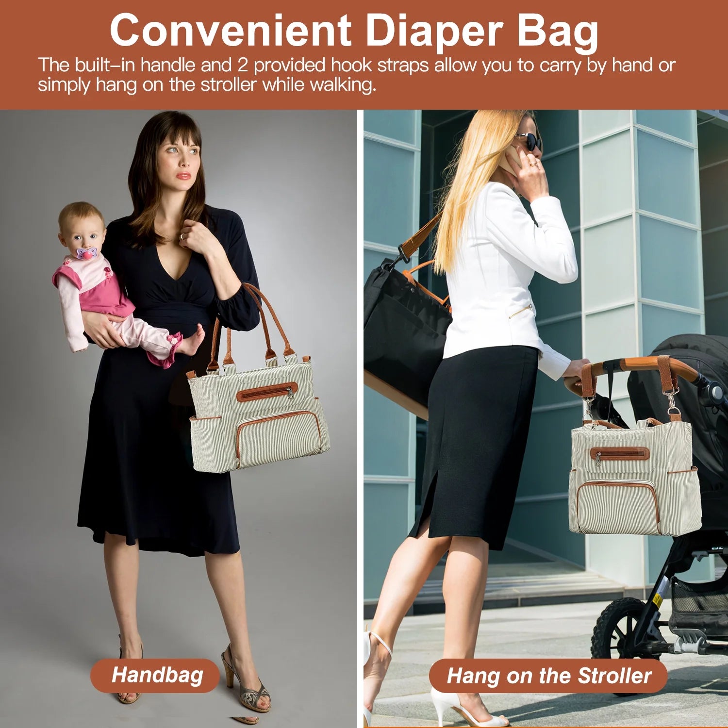 8Pcs Baby Nappy Diaper Bags with Bottle Bag Mesh Bag Purse Diaper Pad 2 Burp Cloths 2 Hook Straps Unisex Travel Diaper Bag for Mom Dad, Khaki