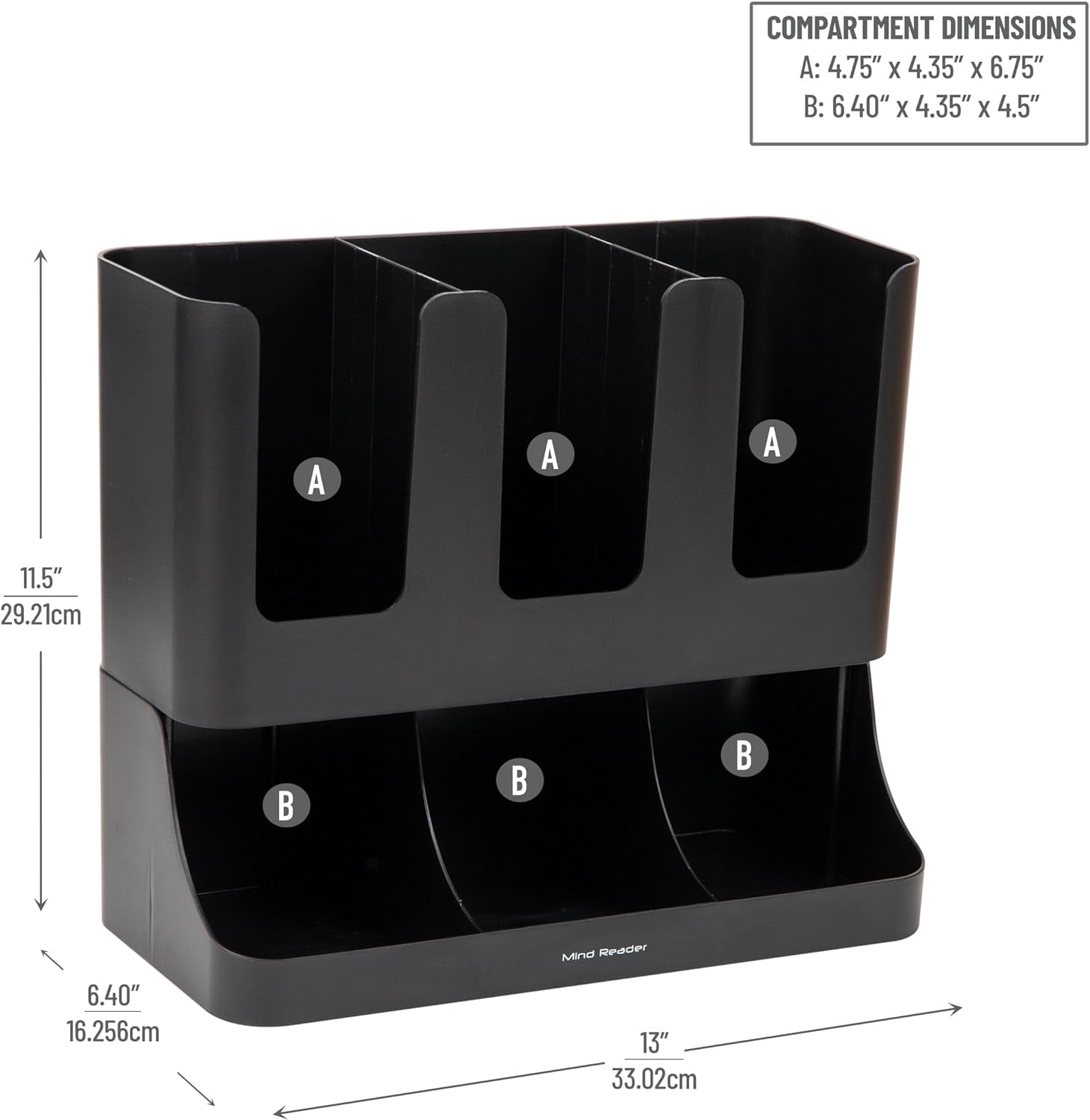 6 Compartment Upright Breakroom Coffee Condiment and Cup Storage Organizer, Black