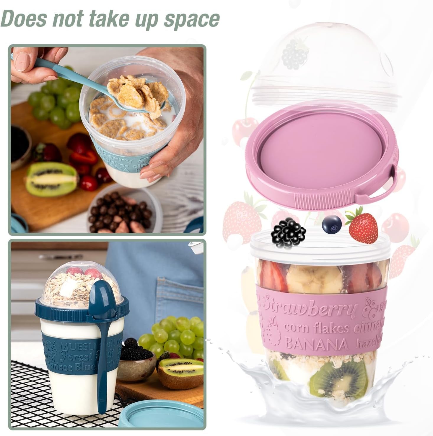 4 Pack Breakfast on the Go Yogurt Parfait Cups, Reusable Plastic Containers with Lids and Spoons, Perfect Jars for Overnight Oats Cereal Granola Oatmeal Smoothies and Snack Prep
