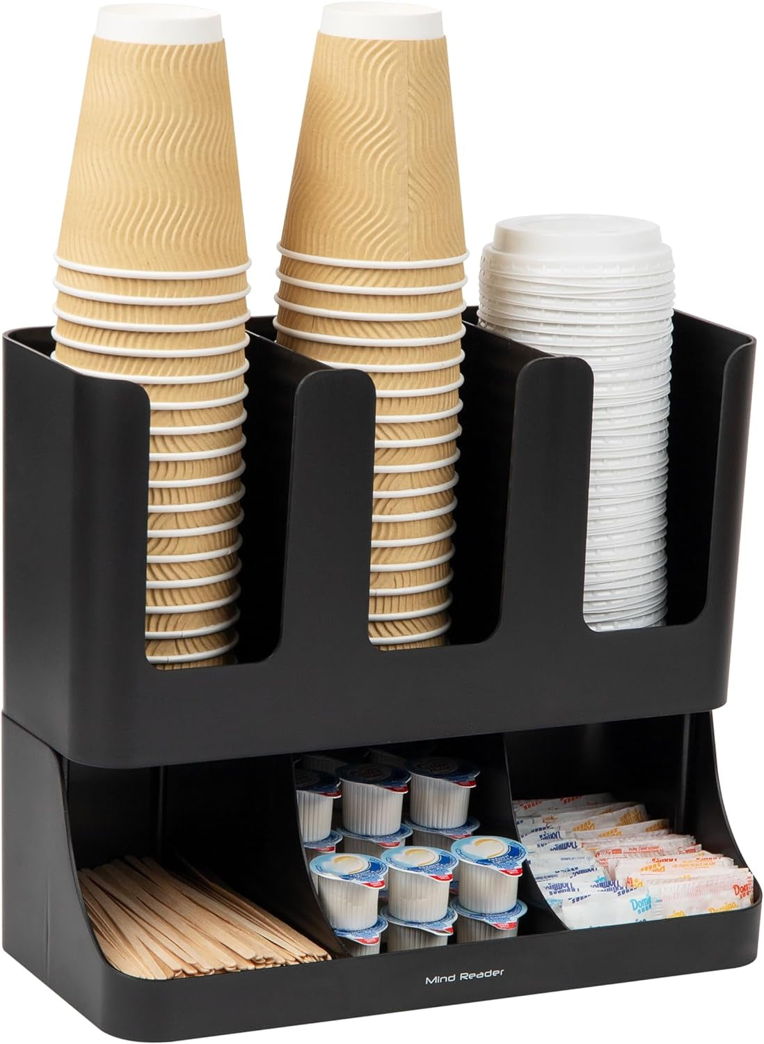 6 Compartment Upright Breakroom Coffee Condiment and Cup Storage Organizer, Black