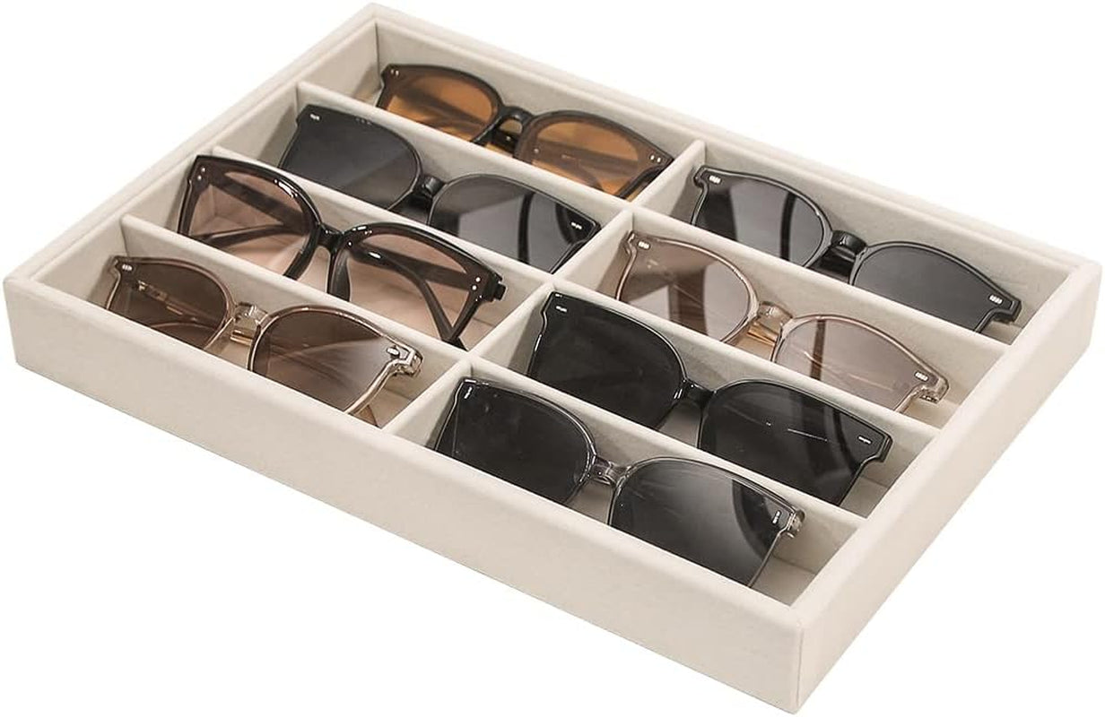 Sunglass Organizer, Beige Velvet Glasses Trays - Eyeglasses Watches Jewelry Display - Men Women (8 Grids)