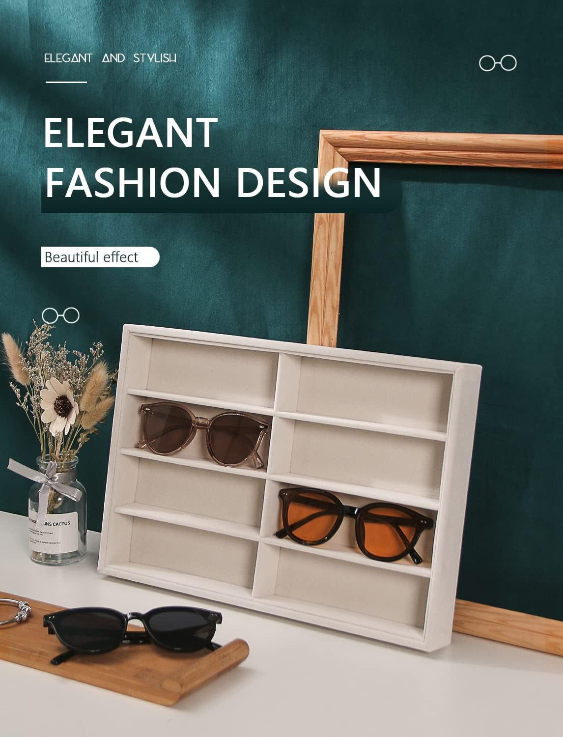 Sunglass Organizer, Beige Velvet Glasses Trays - Eyeglasses Watches Jewelry Display - Men Women (8 Grids)