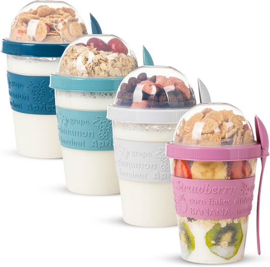 4 Pack Breakfast on the Go Yogurt Parfait Cups, Reusable Plastic Containers with Lids and Spoons, Perfect Jars for Overnight Oats Cereal Granola Oatmeal Smoothies and Snack Prep