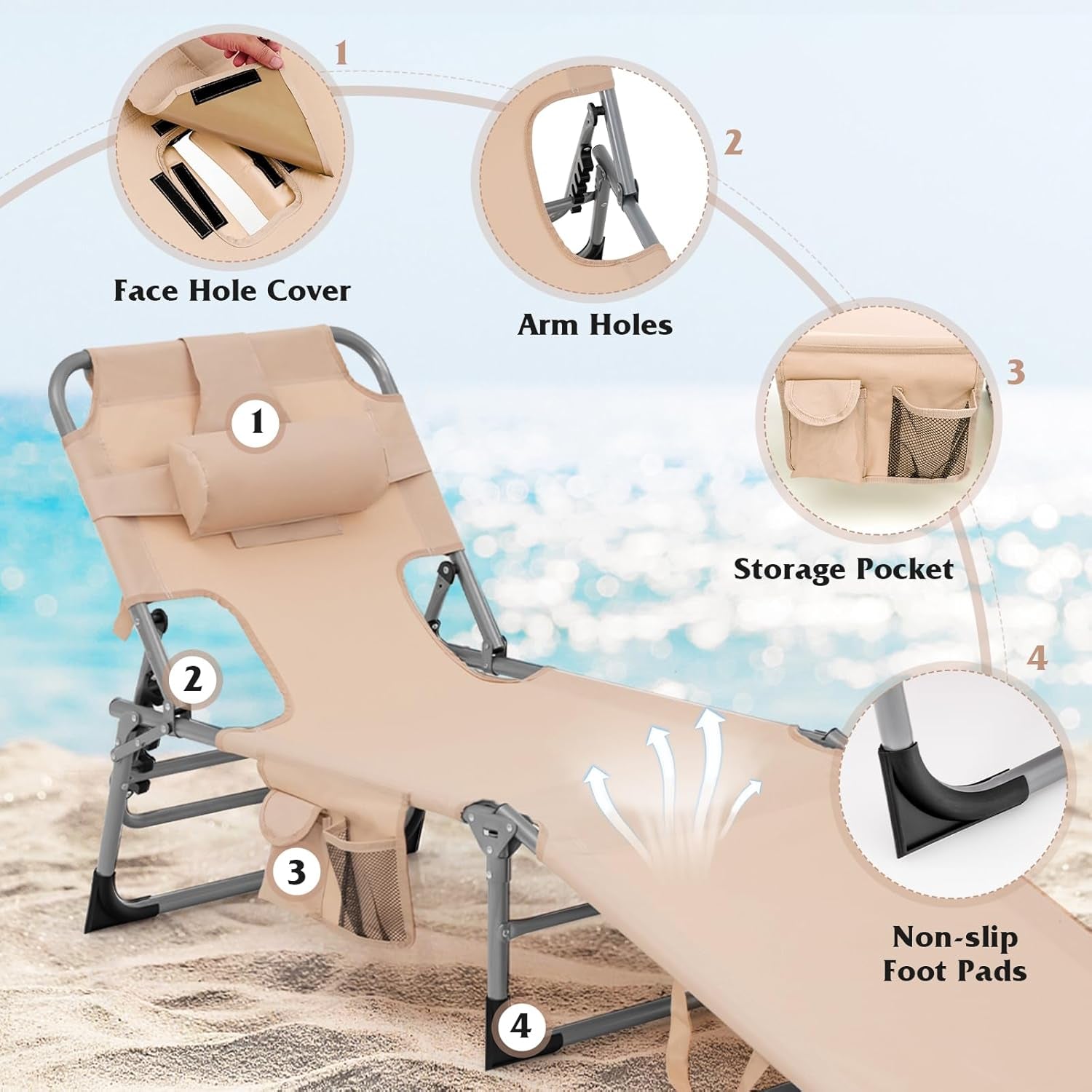 Tanning Chair, 330Lbs Portable Lounge Chair with 5-Position Adjustable Backrest, Face Arm Holes, Side Pocket, Folding Patio Chaise Lounger for Beach, Poolside, Outdoor Sunbathing (1, Beige)