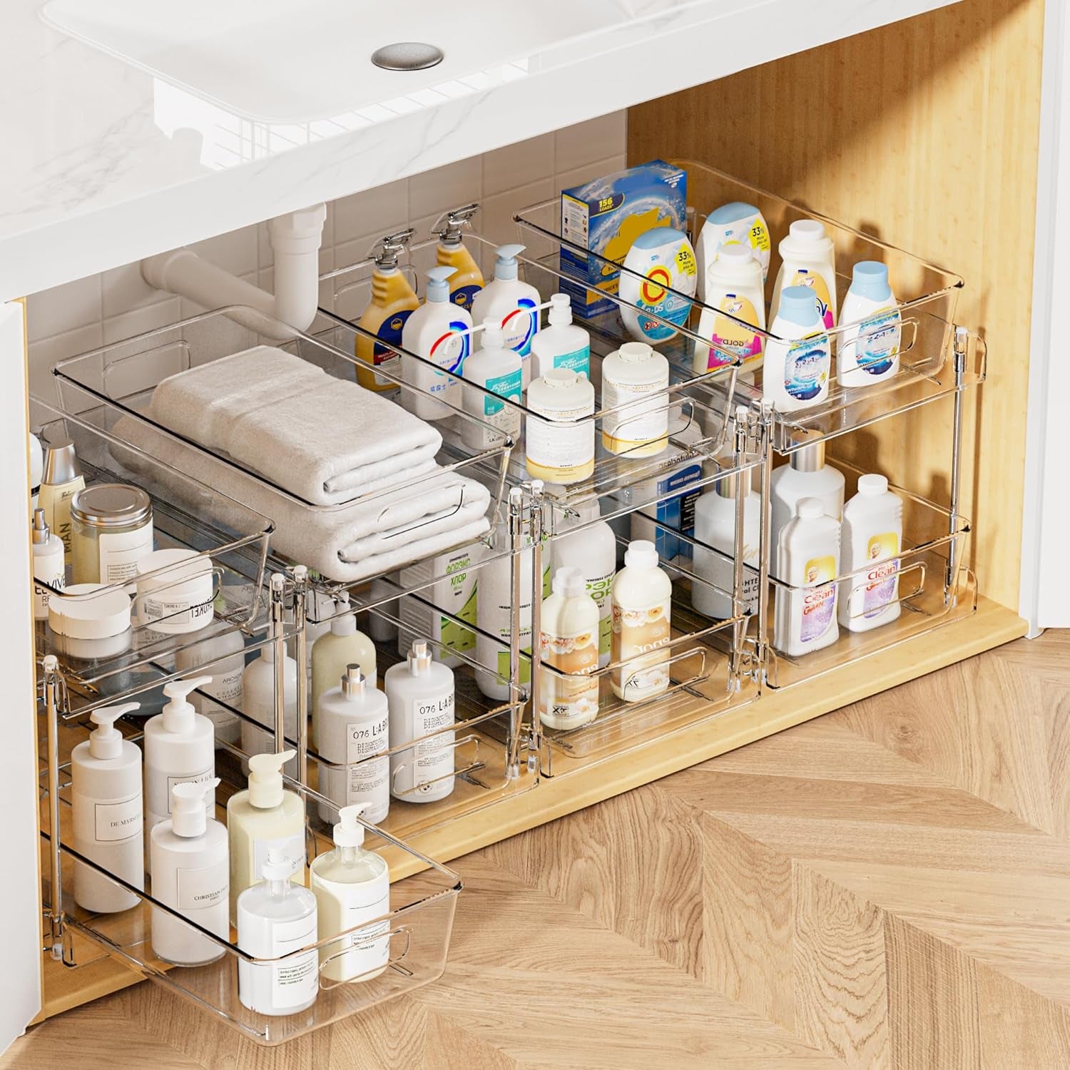 4 Pack Bathroom Organizer, 2 Tier Clear under Sink Organizers Vanity Countertop Storage Container,Cabinet Drawers Bins, Pull-Out Organization with Track for Pantry, Kitchen
