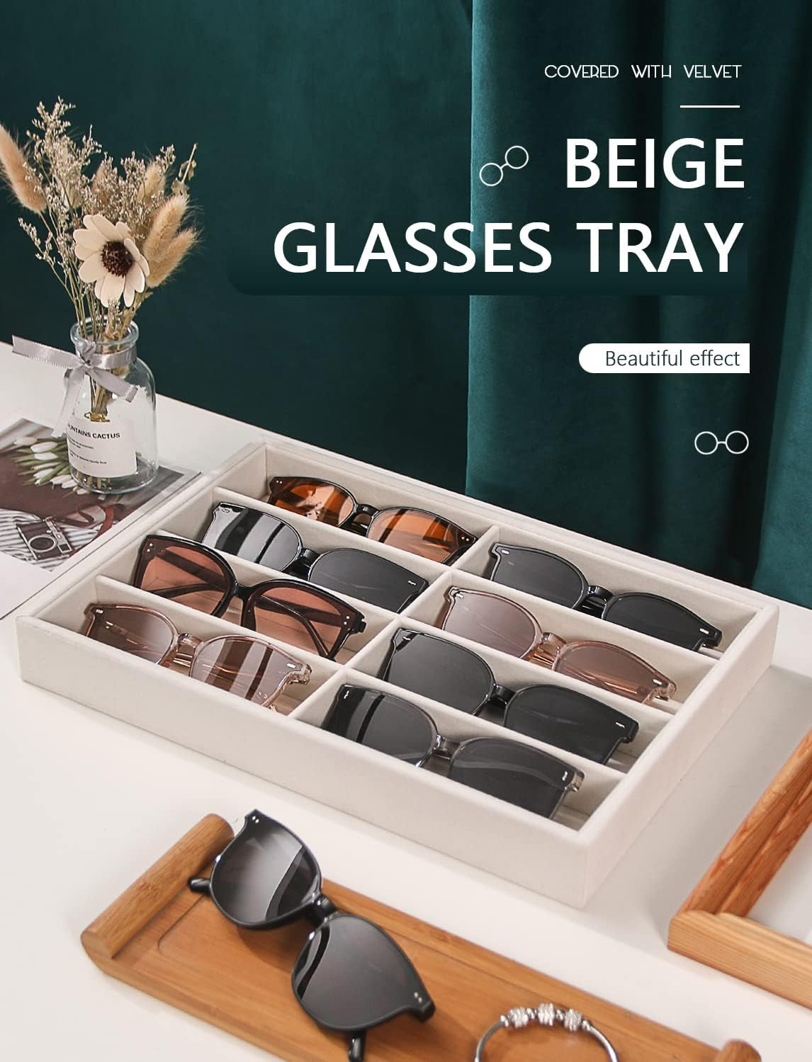 Sunglass Organizer, Beige Velvet Glasses Trays - Eyeglasses Watches Jewelry Display - Men Women (8 Grids)