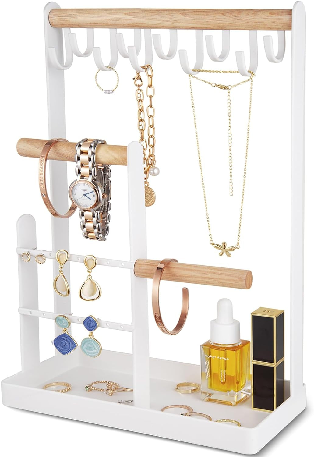 Jewelry Stand Holder Organizer, 4-Tier Necklace Holder with Ring Tray, 10 Hooks Necklaces Hanging Small Jewelry Display Storage Tower Tree for Bracelets Earrings Watches -Medium, White