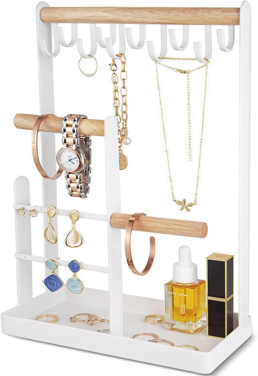 Jewelry Stand Holder Organizer, 4-Tier Necklace Holder with Ring Tray, 10 Hooks Necklaces Hanging Small Jewelry Display Storage Tower Tree for Bracelets Earrings Watches -Medium, White