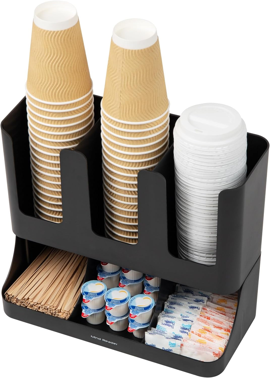 6 Compartment Upright Breakroom Coffee Condiment and Cup Storage Organizer, Black