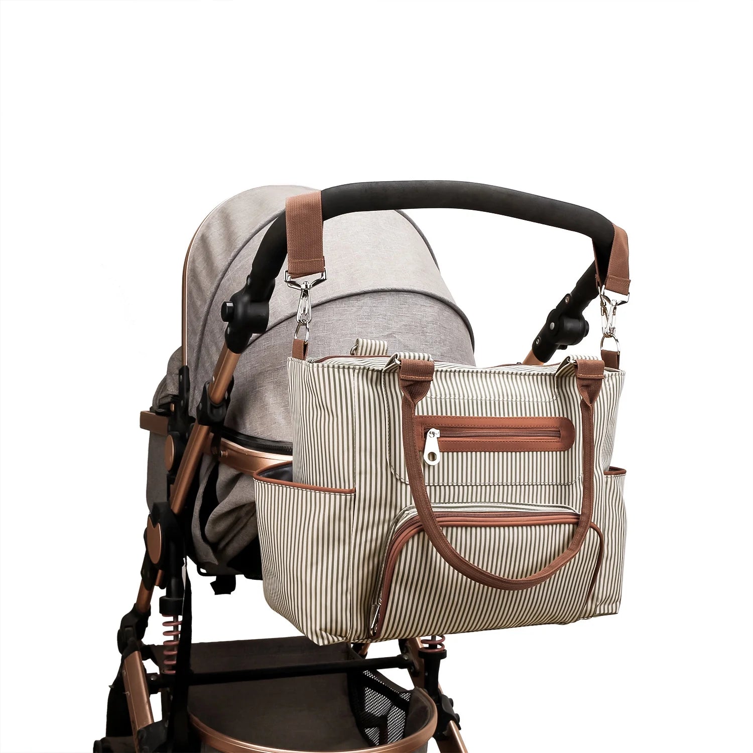 8Pcs Baby Nappy Diaper Bags with Bottle Bag Mesh Bag Purse Diaper Pad 2 Burp Cloths 2 Hook Straps Unisex Travel Diaper Bag for Mom Dad, Khaki