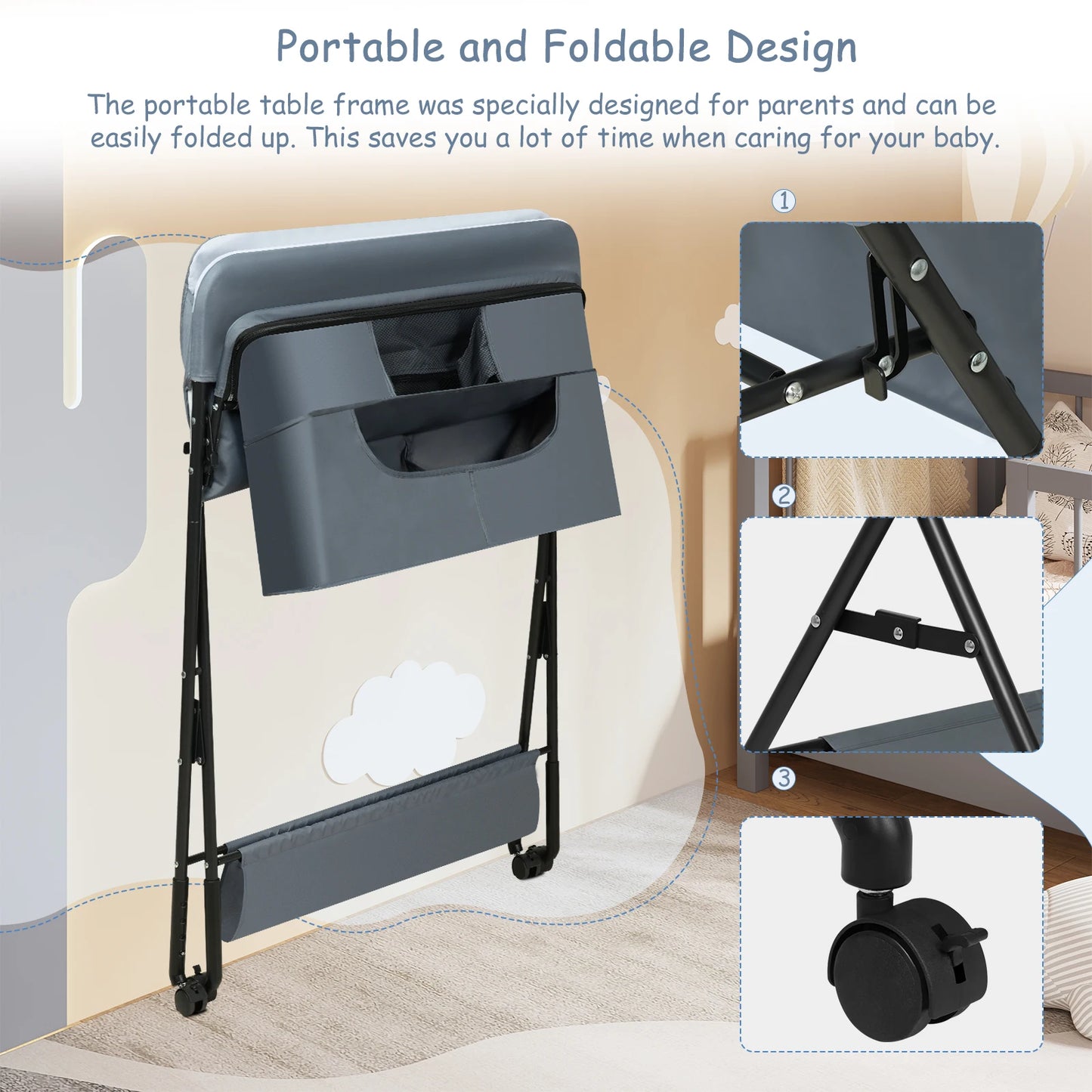 WOLTU Height Adjustable Portable Children Kids Cabinet Foldable Baby Changing Table with Wheels Storage Basket