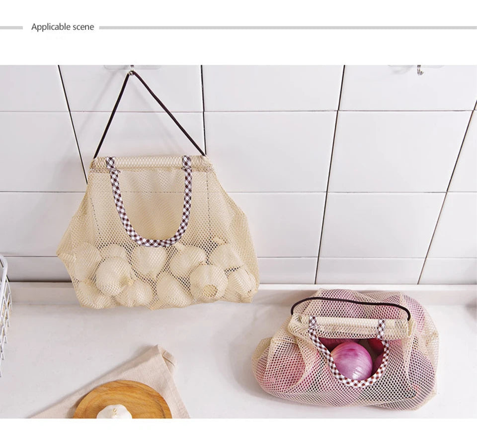 Hanging Meh Bag Reusable Storage Pocket Kitchen Potato Garlic Onion Ginger Vegetable Breathable Sorting Bag Kitchen Organiser.