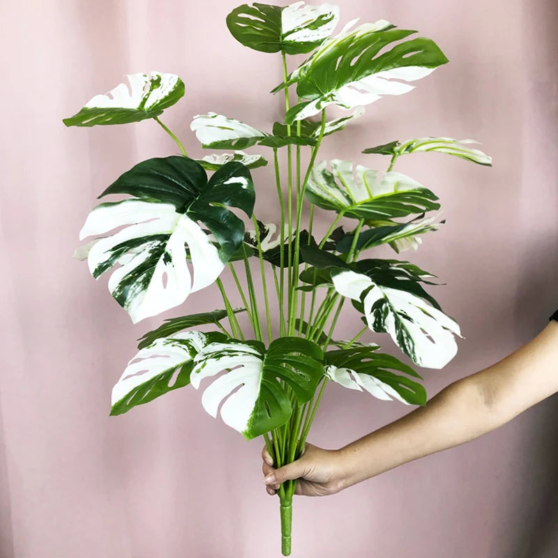 75cm 24 Forks Large Artificial Tropical Plant Fake Banyan Tree Branch plastic Green Monstera Leaves for Home Garden Decoration