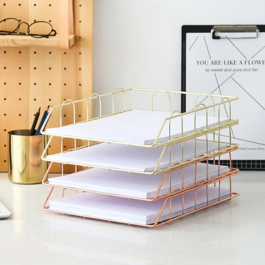 Metal Stackable Paper Tray Desk Organizer Rose Gold Metal Letter Trays for File Paper Organizer Desk Organizer For Office