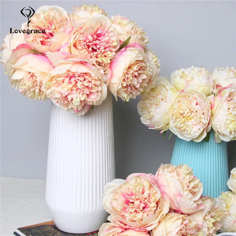 Fake Peonies Artificial Flowers Bouquet White Fake Peony Bridal Boquet Home Wedding Party Decor 5 Heads Silk Flore Peony Bouquet