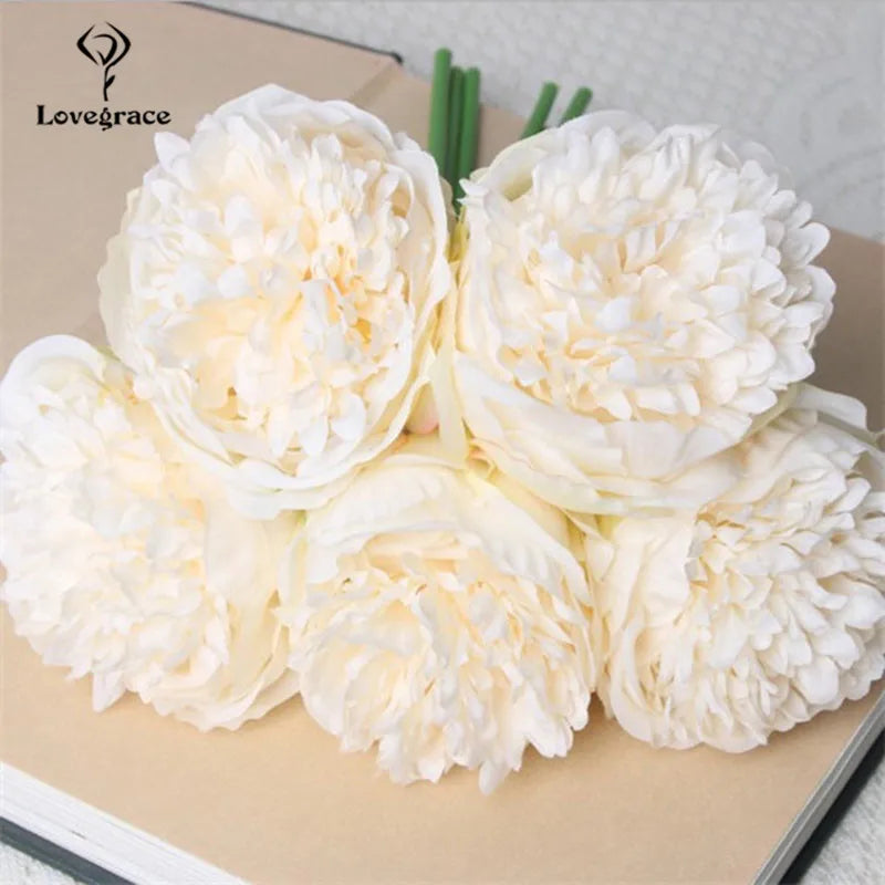 Fake Peonies Artificial Flowers Bouquet White Fake Peony Bridal Boquet Home Wedding Party Decor 5 Heads Silk Flore Peony Bouquet