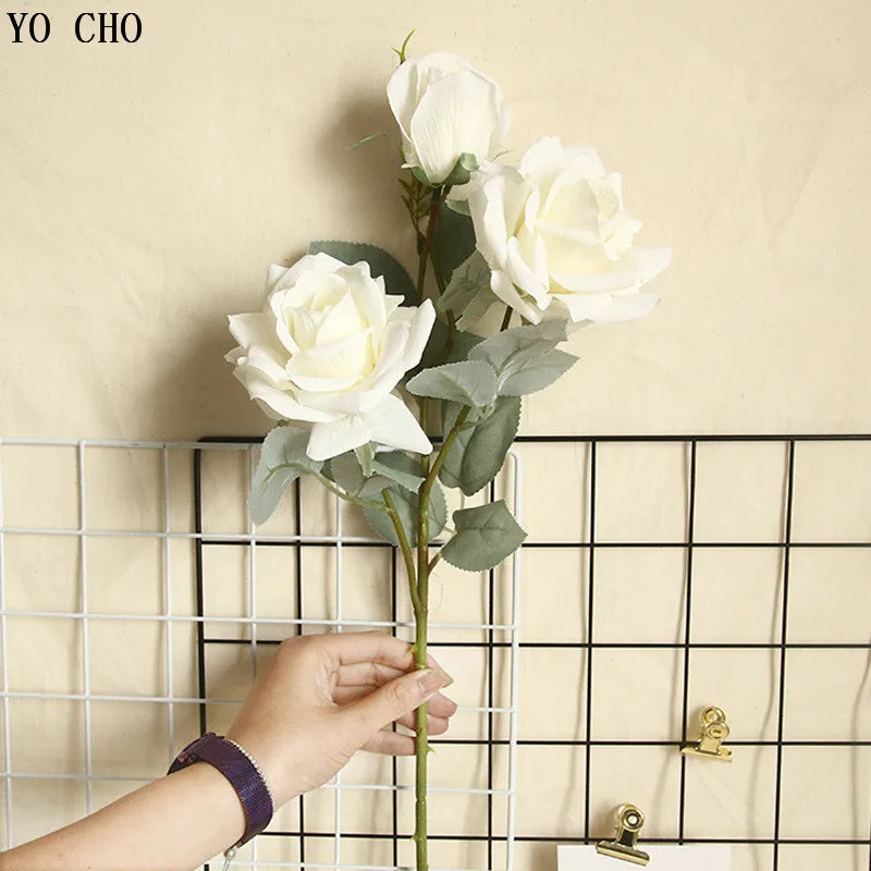 YO CHO Artificial Jasmine Snow Roses Branch Fake Silk Roses Flowers for Wedding Decoration Table Marriage Big Rose Flower Heads