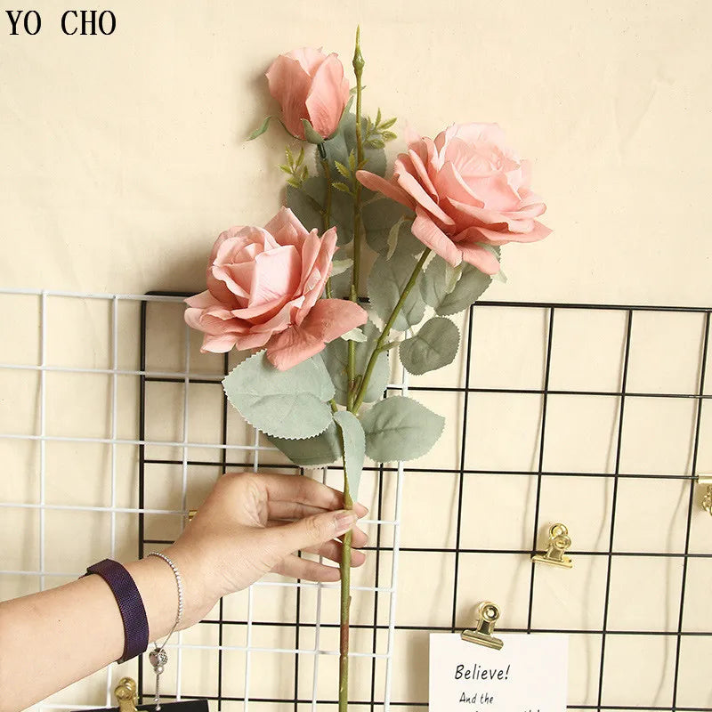 YO CHO Artificial Jasmine Snow Roses Branch Fake Silk Roses Flowers for Wedding Decoration Table Marriage Big Rose Flower Heads