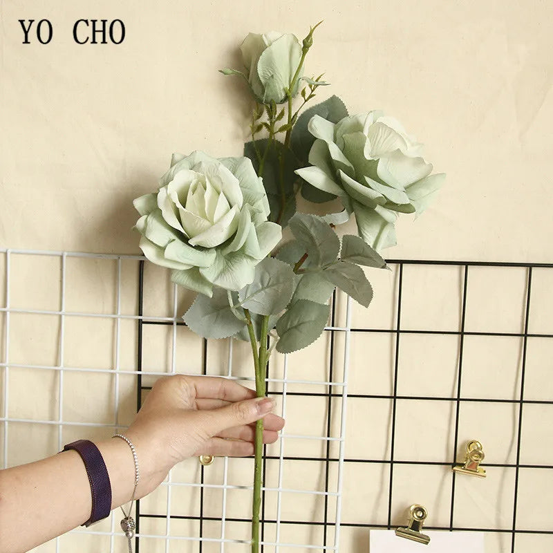 YO CHO Artificial Jasmine Snow Roses Branch Fake Silk Roses Flowers for Wedding Decoration Table Marriage Big Rose Flower Heads