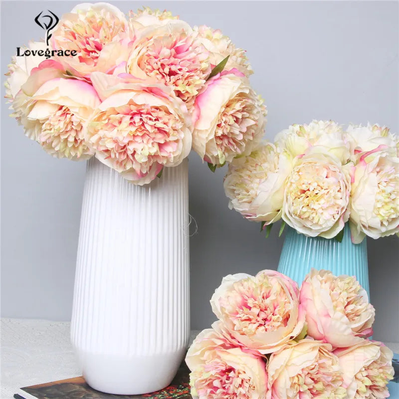 Fake Peonies Artificial Flowers Bouquet White Fake Peony Bridal Boquet Home Wedding Party Decor 5 Heads Silk Flore Peony Bouquet