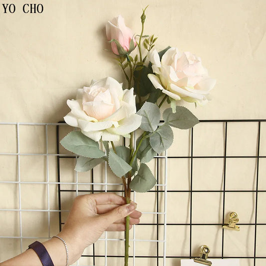 YO CHO Artificial Jasmine Snow Roses Branch Fake Silk Roses Flowers for Wedding Decoration Table Marriage Big Rose Flower Heads