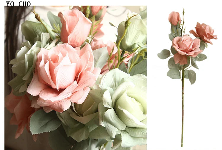 YO CHO Artificial Jasmine Snow Roses Branch Fake Silk Roses Flowers for Wedding Decoration Table Marriage Big Rose Flower Heads