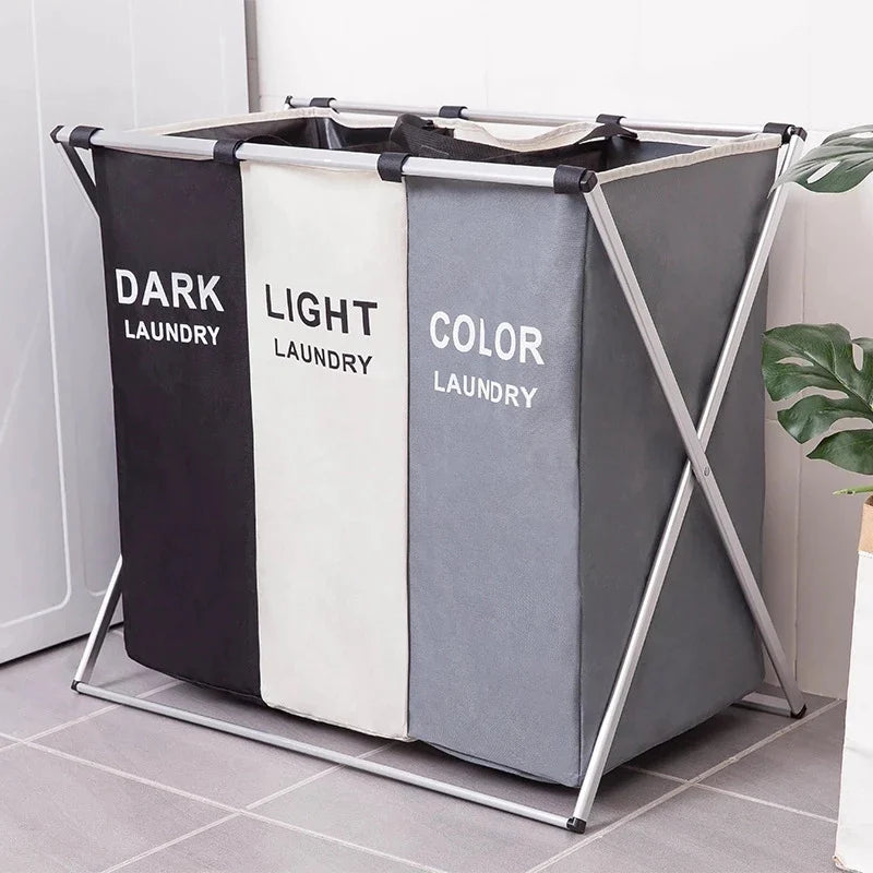Foldable Three-Compartment Household Laundry Basket Waterproof Large-Capacity Oxford Cloth Dirty Clothes Sorting Storage Bag