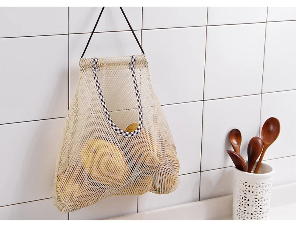 Hanging Meh Bag Reusable Storage Pocket Kitchen Potato Garlic Onion Ginger Vegetable Breathable Sorting Bag Kitchen Organiser.