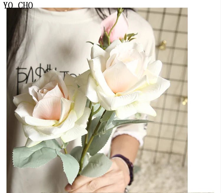 YO CHO Artificial Jasmine Snow Roses Branch Fake Silk Roses Flowers for Wedding Decoration Table Marriage Big Rose Flower Heads
