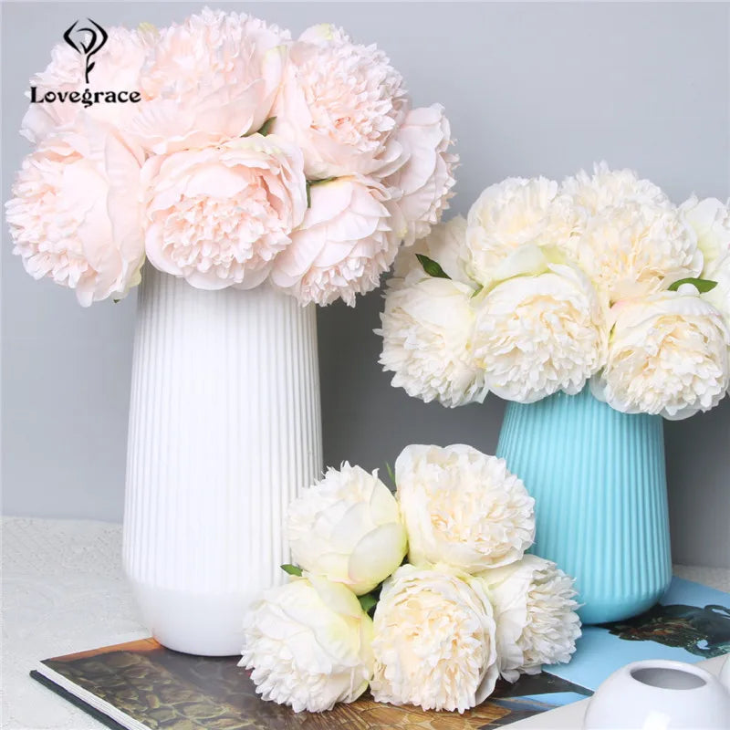 Fake Peonies Artificial Flowers Bouquet White Fake Peony Bridal Boquet Home Wedding Party Decor 5 Heads Silk Flore Peony Bouquet