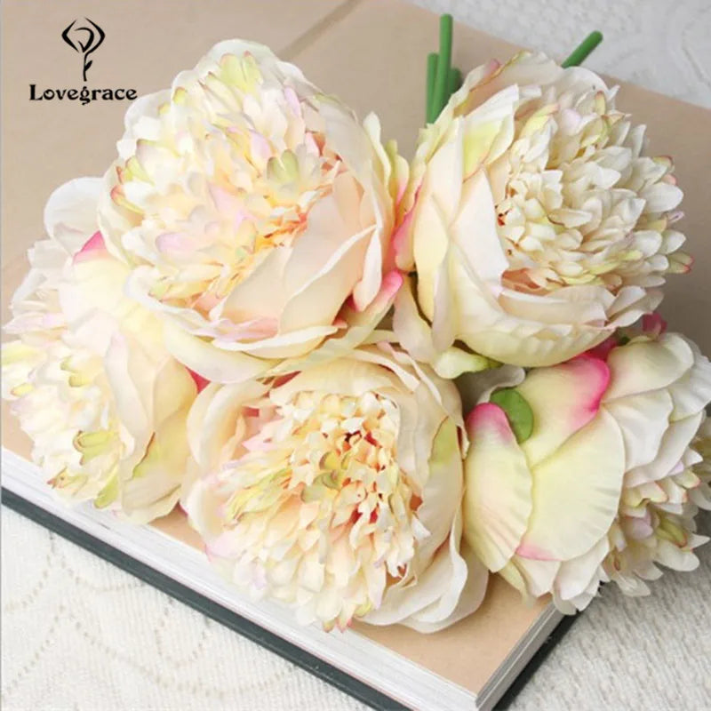 Fake Peonies Artificial Flowers Bouquet White Fake Peony Bridal Boquet Home Wedding Party Decor 5 Heads Silk Flore Peony Bouquet