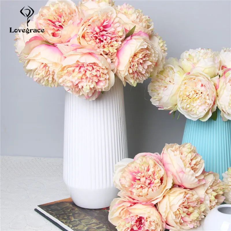 Fake Peonies Artificial Flowers Bouquet White Fake Peony Bridal Boquet Home Wedding Party Decor 5 Heads Silk Flore Peony Bouquet