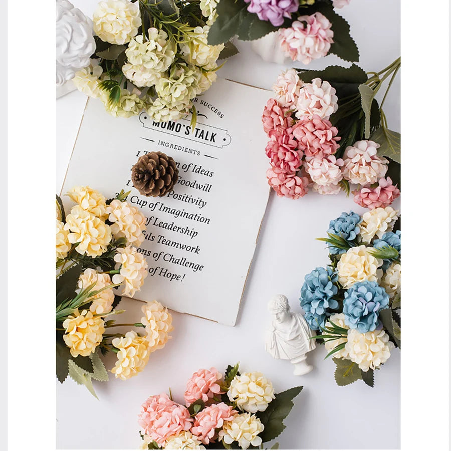 Artificial Flowers Hydrangea High Quality Small Silk Fake Flower for Home Hotel DIY Wedding Decoration Flower Wreath Accessory
