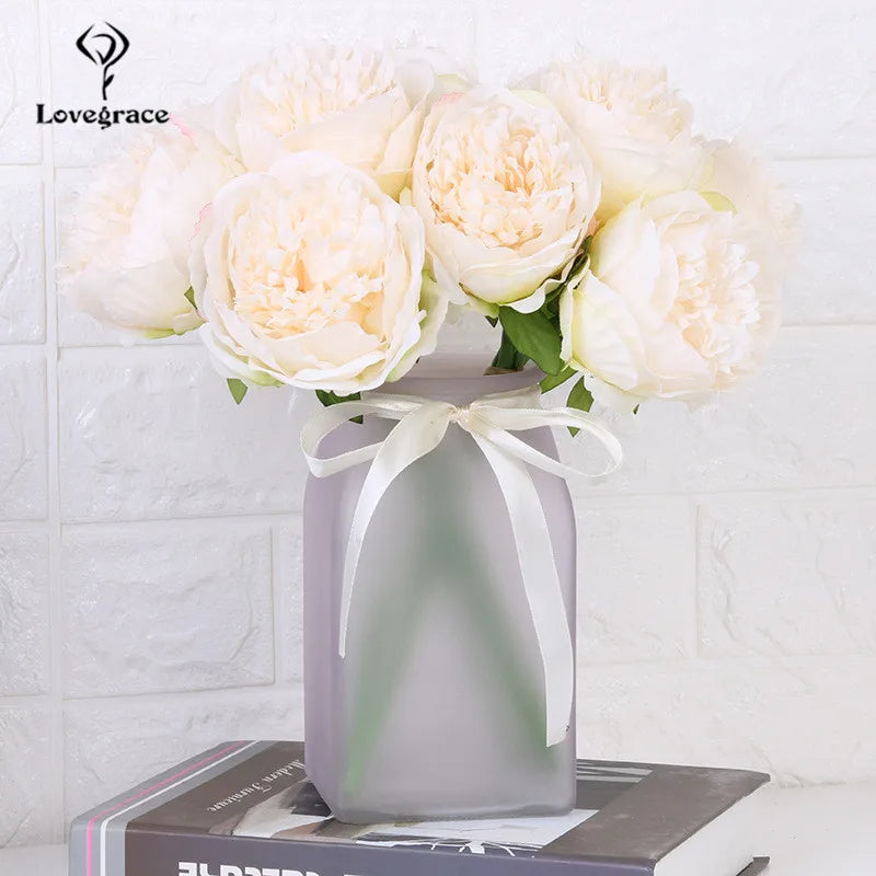 Fake Peonies Artificial Flowers Bouquet White Fake Peony Bridal Boquet Home Wedding Party Decor 5 Heads Silk Flore Peony Bouquet