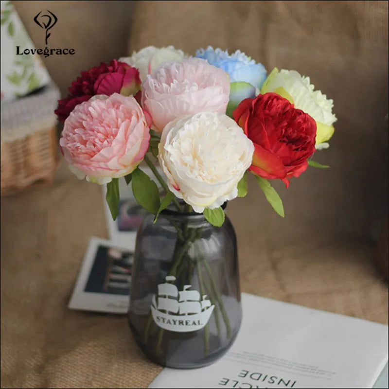 Fake Peonies Artificial Flowers Bouquet White Fake Peony Bridal Boquet Home Wedding Party Decor 5 Heads Silk Flore Peony Bouquet