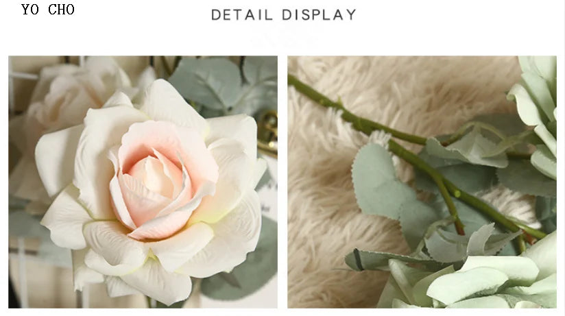 YO CHO Artificial Jasmine Snow Roses Branch Fake Silk Roses Flowers for Wedding Decoration Table Marriage Big Rose Flower Heads